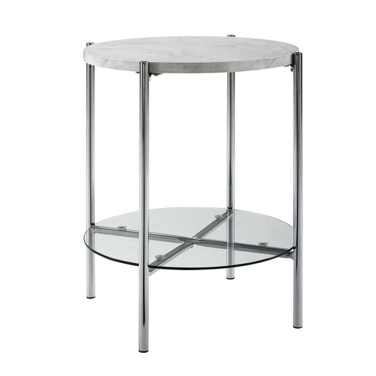 Simone Modern Round Side Table - Faux White Marble/Glass/Chrome