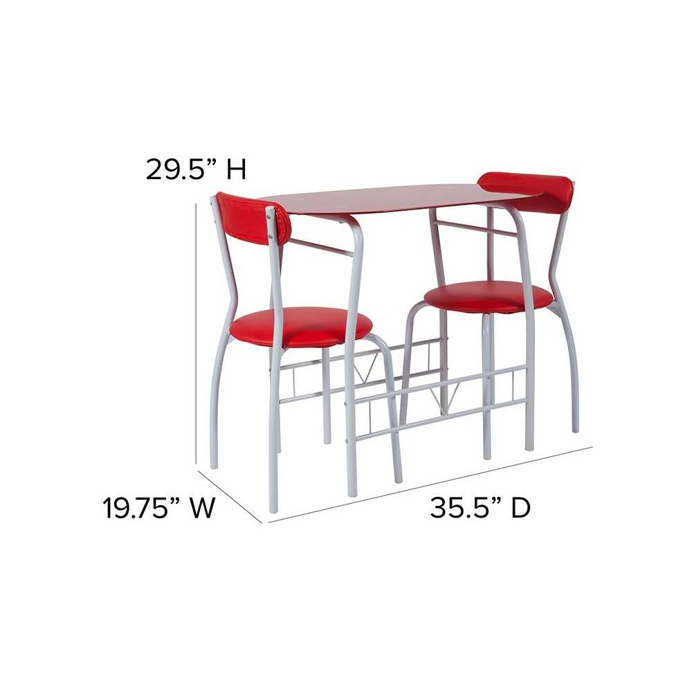 Sutton 3 Piece Space-Saver Bistro Set with Red Glass Top Table and Red Vinyl Padded Chairs