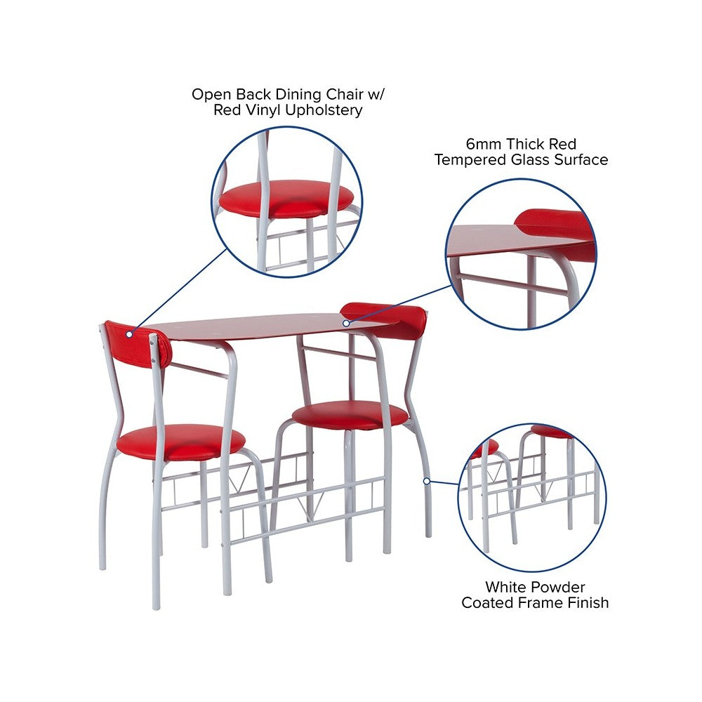 Sutton 3 Piece Space-Saver Bistro Set with Red Glass Top Table and Red Vinyl Padded Chairs