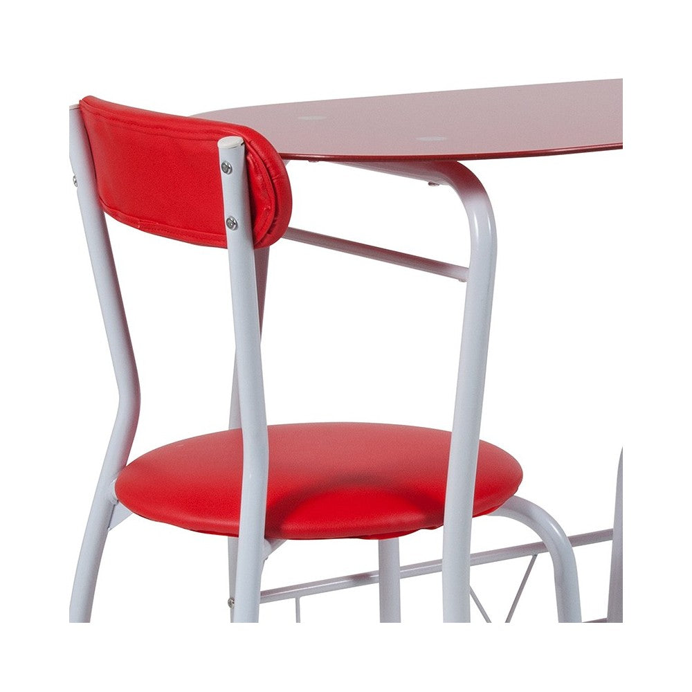 Sutton 3 Piece Space-Saver Bistro Set with Red Glass Top Table and Red Vinyl Padded Chairs