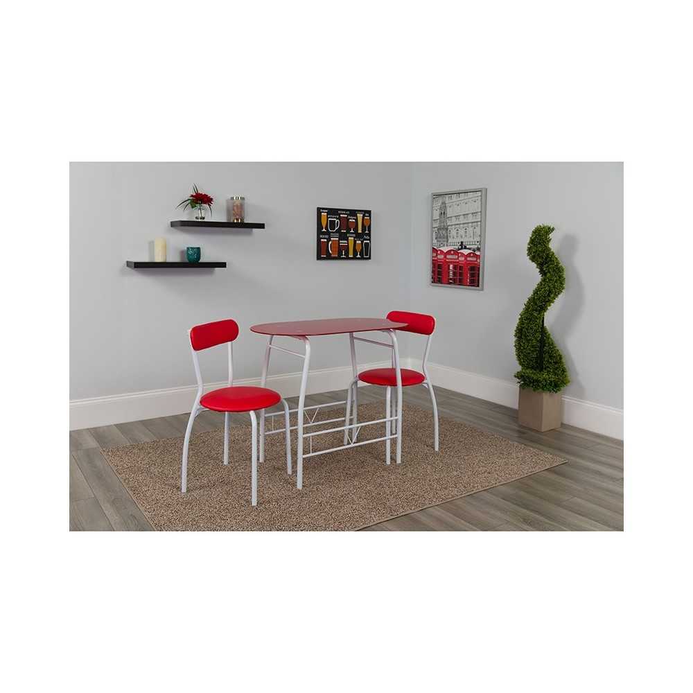 Sutton 3 Piece Space-Saver Bistro Set with Red Glass Top Table and Red Vinyl Padded Chairs