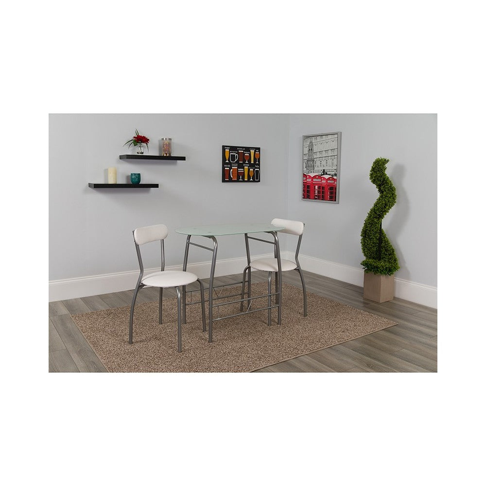 Sutton 3 Piece Space-Saver Bistro Set with White Glass Top Table and White Vinyl Padded Chairs
