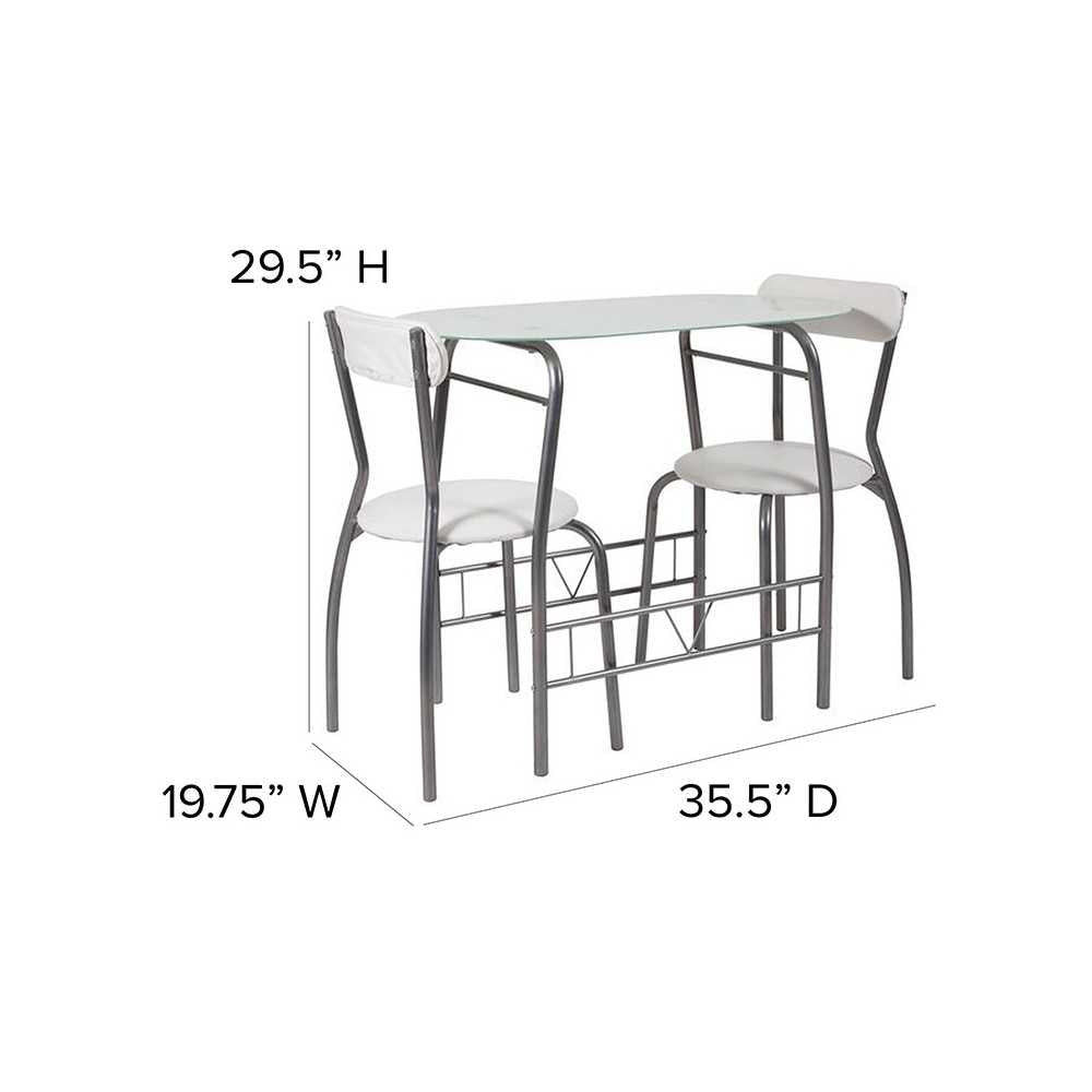 Sutton 3 Piece Space-Saver Bistro Set with White Glass Top Table and White Vinyl Padded Chairs