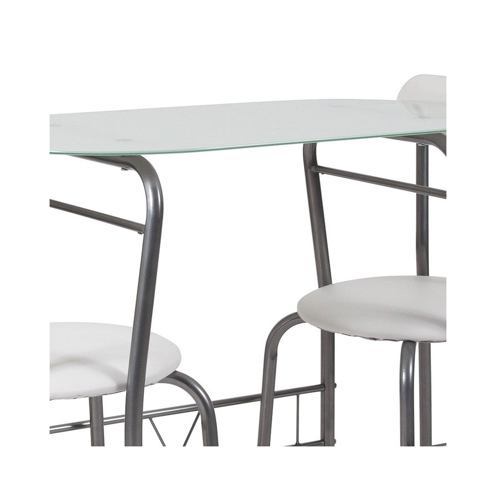 Sutton 3 Piece Space-Saver Bistro Set with White Glass Top Table and White Vinyl Padded Chairs