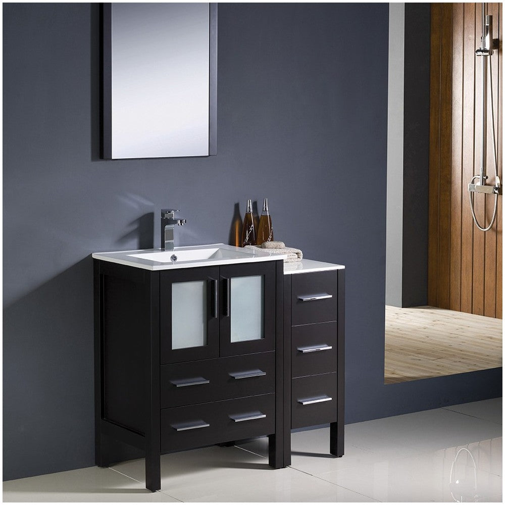 Torino 36" Espresso Modern Bathroom Vanity w/ Side Cabinet & Integrated Sinks