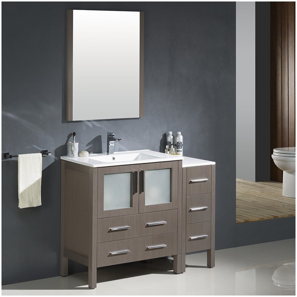 Torino 42" Gray Oak Modern Bathroom Vanity w/ Side Cabinet & Integrated Sink