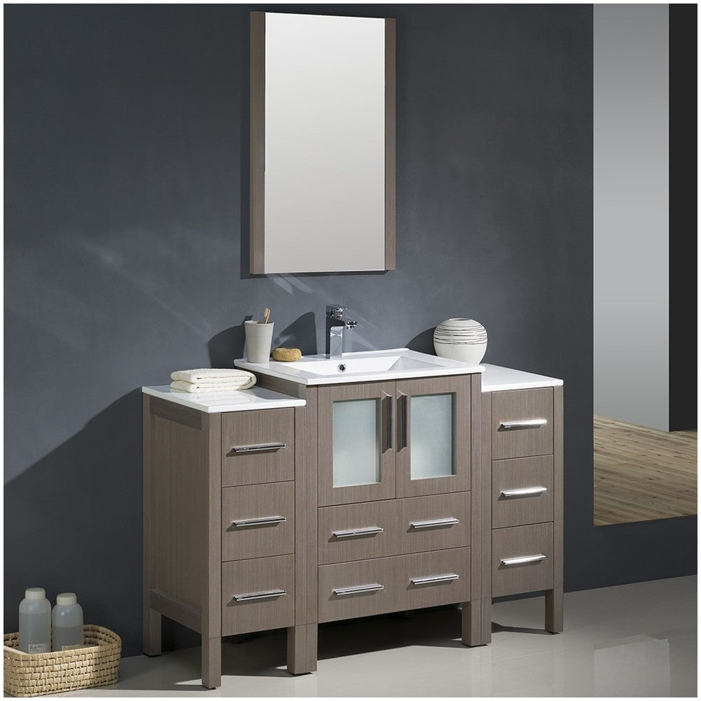 Torino 48" Gray Oak Modern Bathroom Vanity w/ 2 Side Cabinets & Integrated Sink