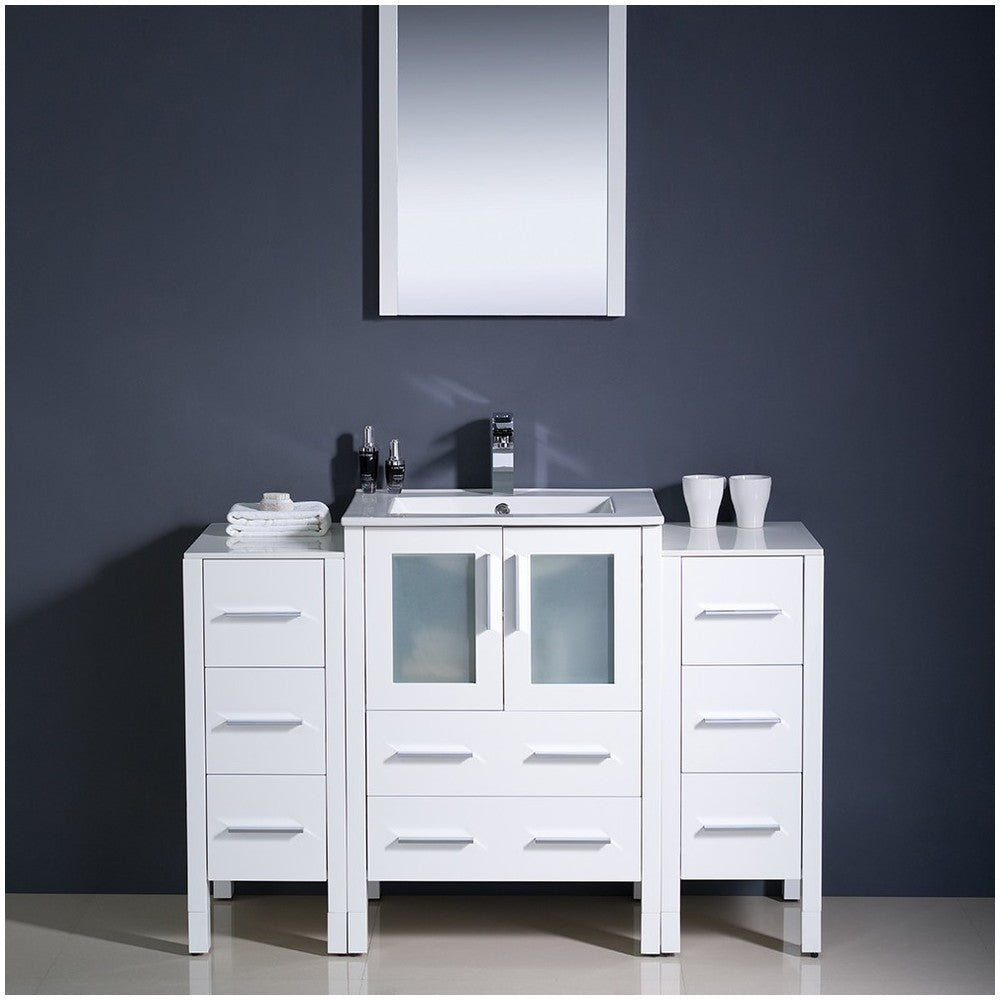 Torino 48" White Modern Bathroom Vanity w/ 2 Side Cabinets & Integrated Sink