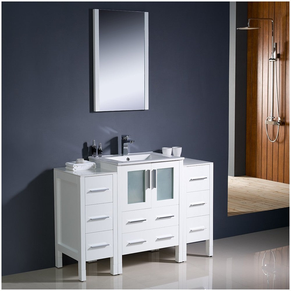 Torino 48" White Modern Bathroom Vanity w/ 2 Side Cabinets & Integrated Sink