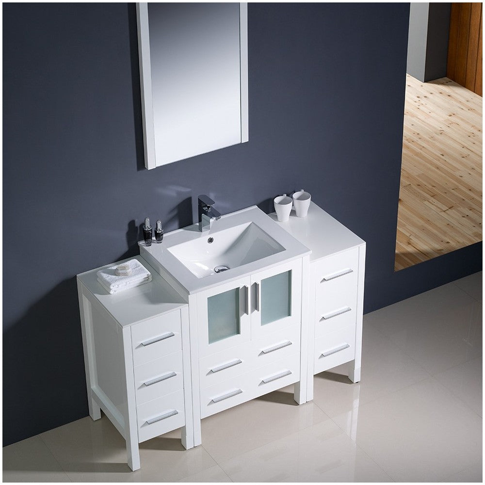 Torino 48" White Modern Bathroom Vanity w/ 2 Side Cabinets & Integrated Sink