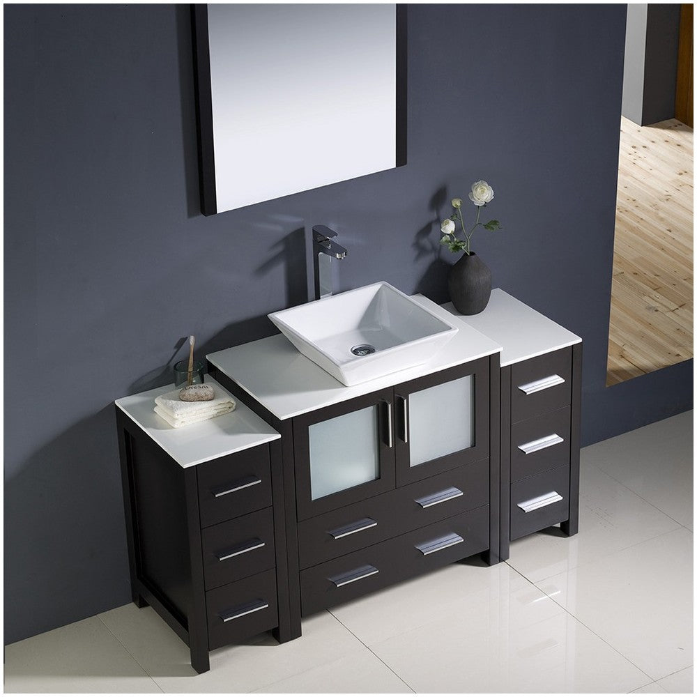 Torino 54" Espresso Modern Bathroom Vanity w/ 2 Side Cabinets & Vessel Sink