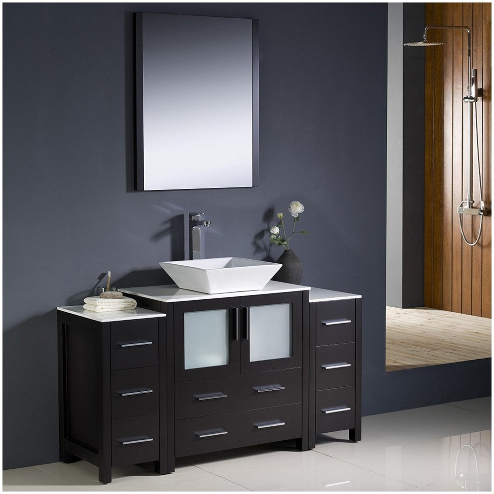 Torino 54" Espresso Modern Bathroom Vanity w/ 2 Side Cabinets & Vessel Sink