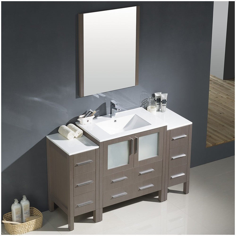 Torino 54" Gray Oak Modern Bathroom Vanity w/ 2 Side Cabinets & Integrated Sink