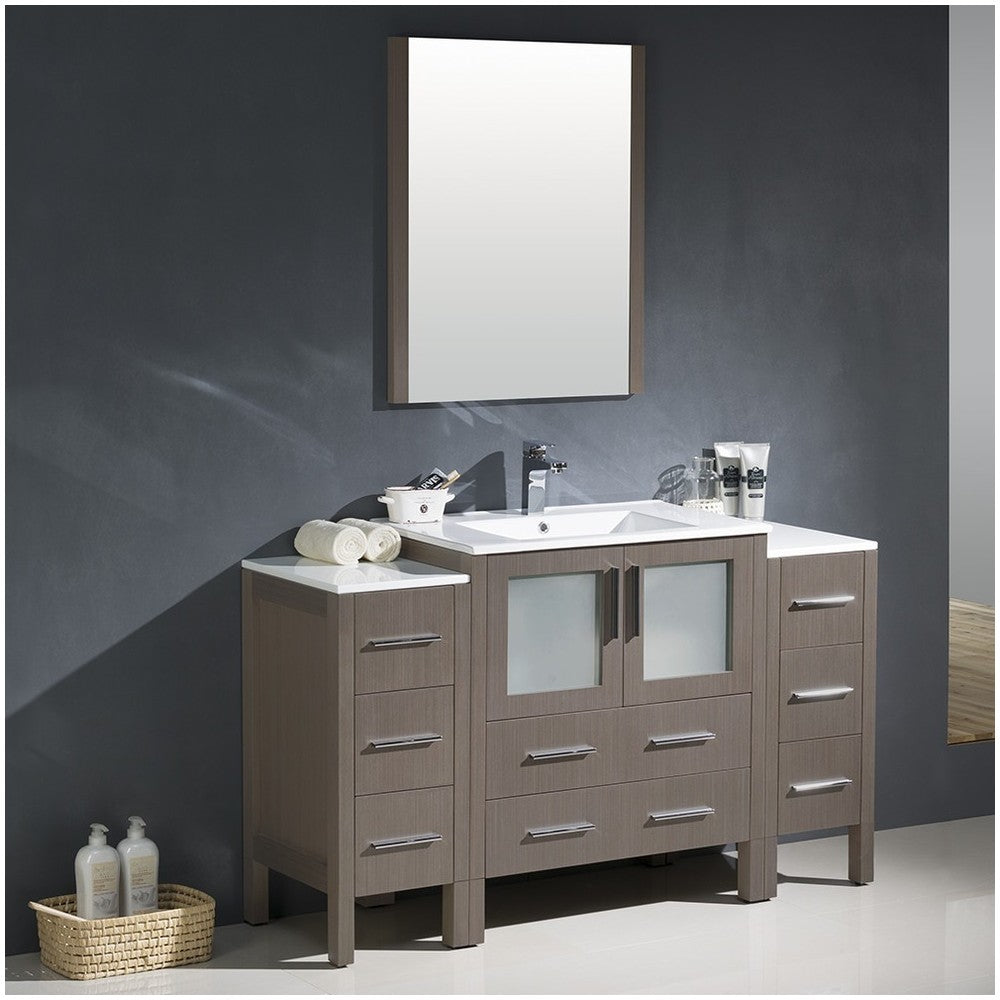 Torino 54" Gray Oak Modern Bathroom Vanity w/ 2 Side Cabinets & Integrated Sink