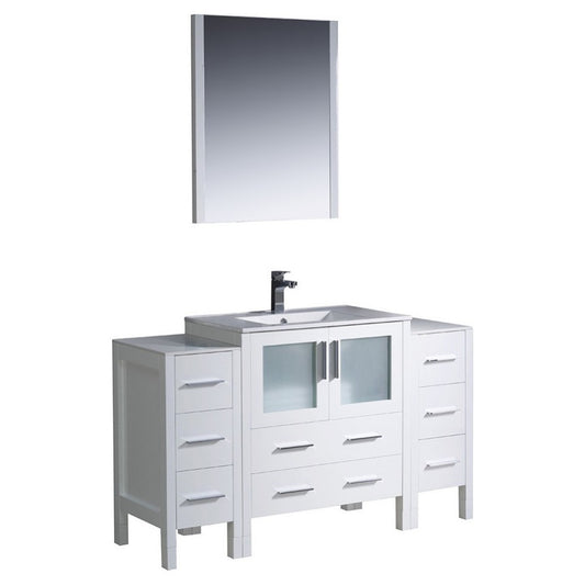 Torino 54" White Modern Bathroom Vanity w/ 2 Side Cabinets & Integrated Sink