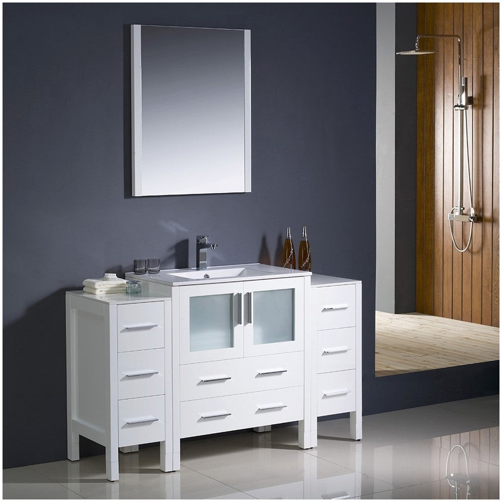 Torino 54" White Modern Bathroom Vanity w/ 2 Side Cabinets & Integrated Sink