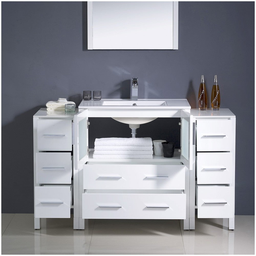 Torino 54" White Modern Bathroom Vanity w/ 2 Side Cabinets & Integrated Sink