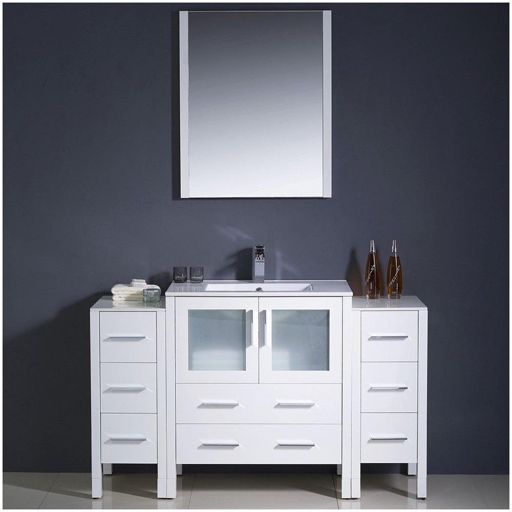 Torino 54" White Modern Bathroom Vanity w/ 2 Side Cabinets & Integrated Sink