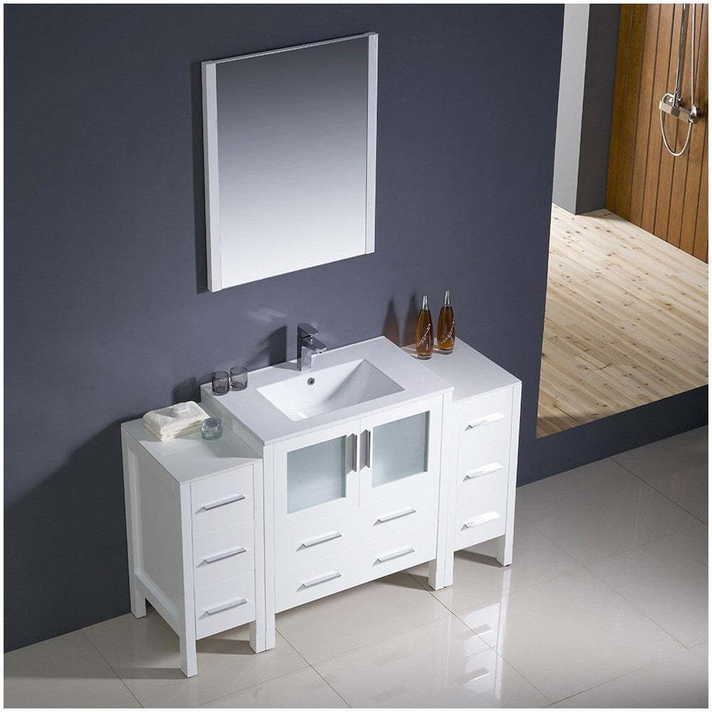 Torino 54" White Modern Bathroom Vanity w/ 2 Side Cabinets & Integrated Sink