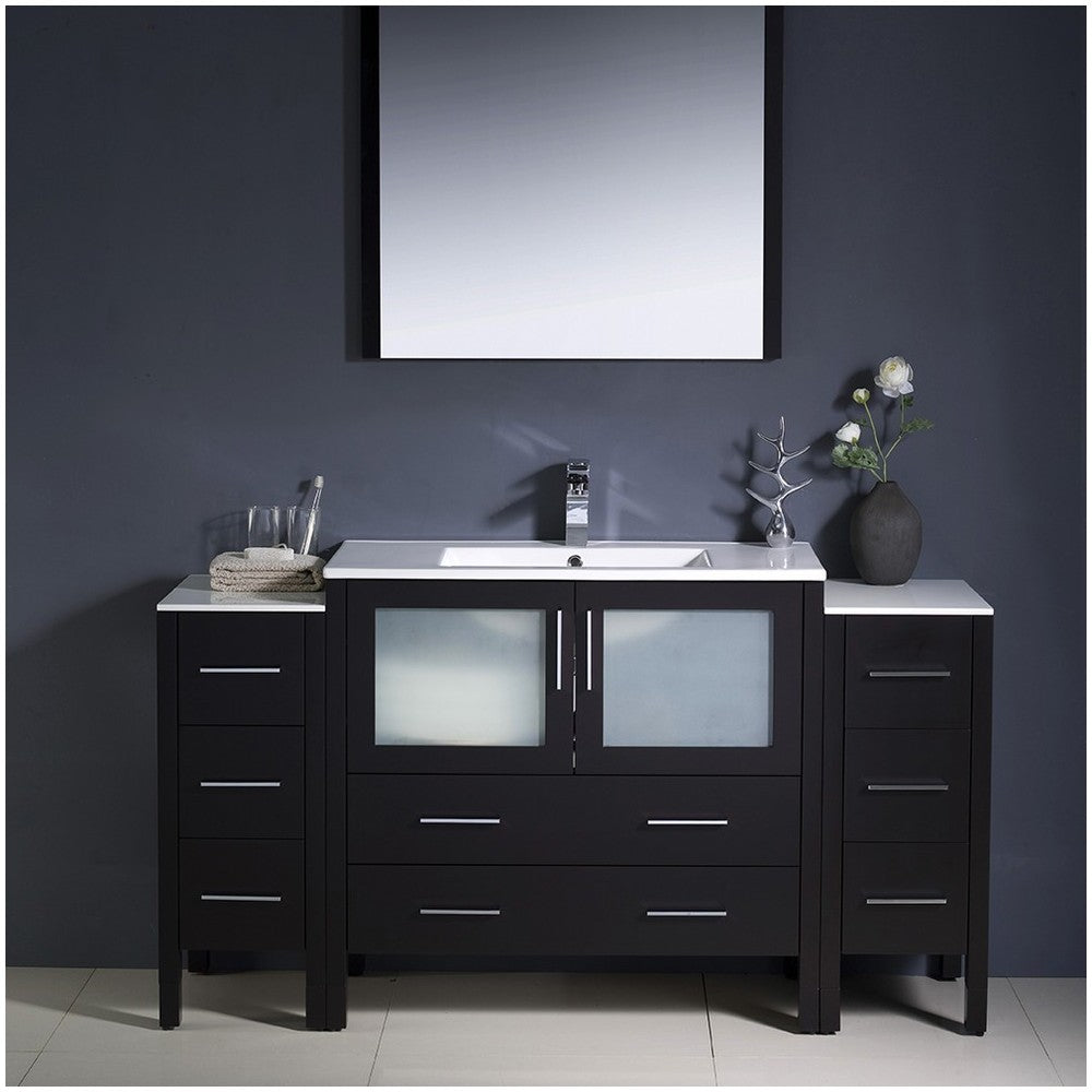 Torino 60" Espresso Modern Bathroom Vanity w/ 2 Side Cabinets & Integrated Sink