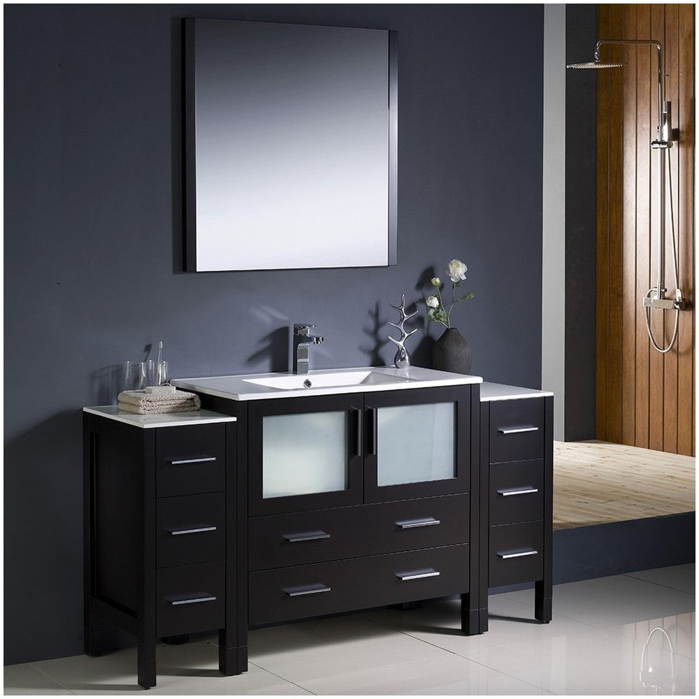 Torino 60" Espresso Modern Bathroom Vanity w/ 2 Side Cabinets & Integrated Sink