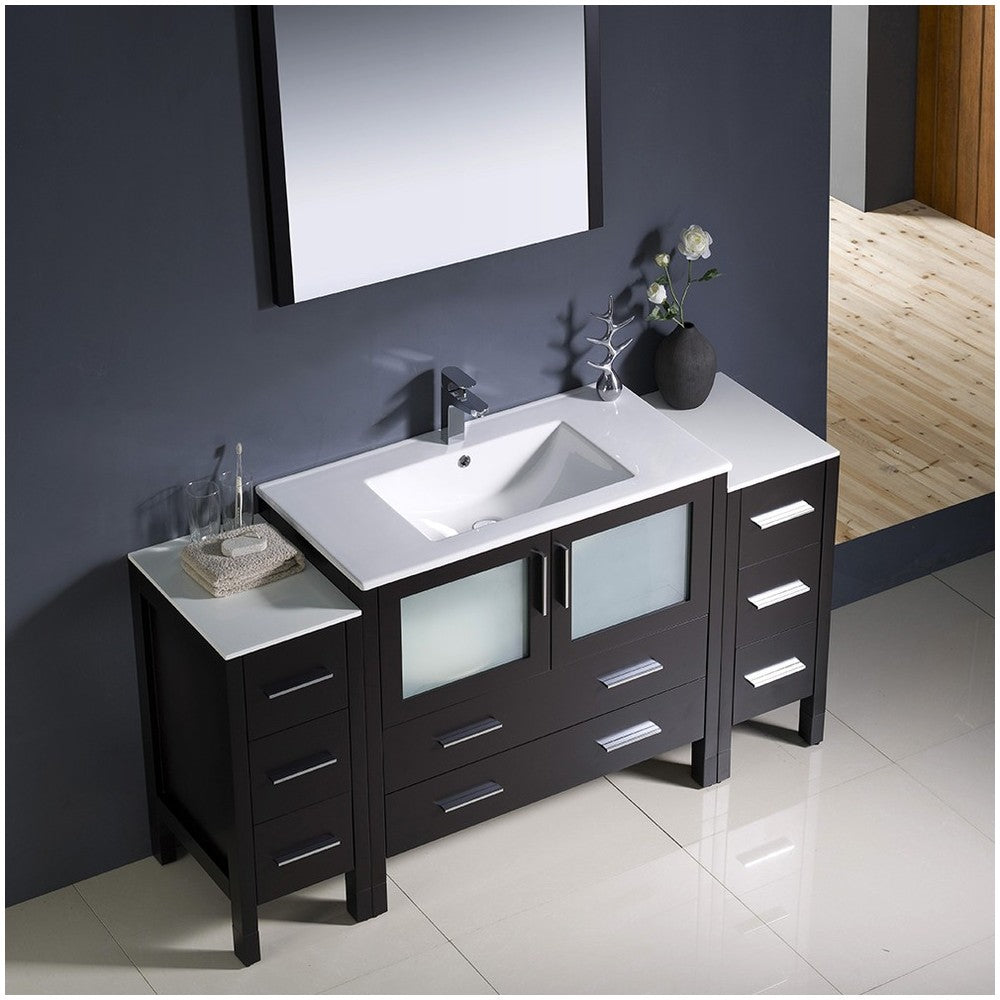 Torino 60" Espresso Modern Bathroom Vanity w/ 2 Side Cabinets & Integrated Sink