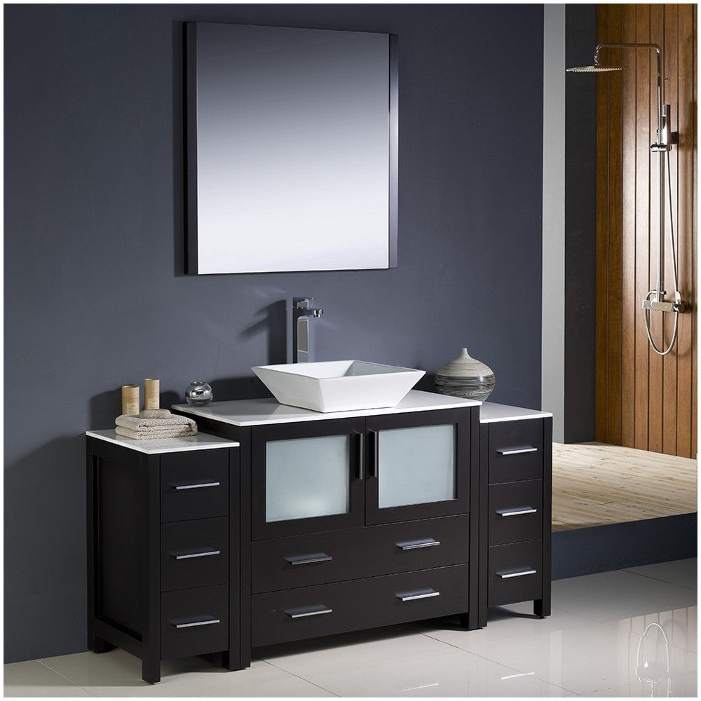 Torino 60" Espresso Modern Bathroom Vanity w/ 2 Side Cabinets & Vessel Sink