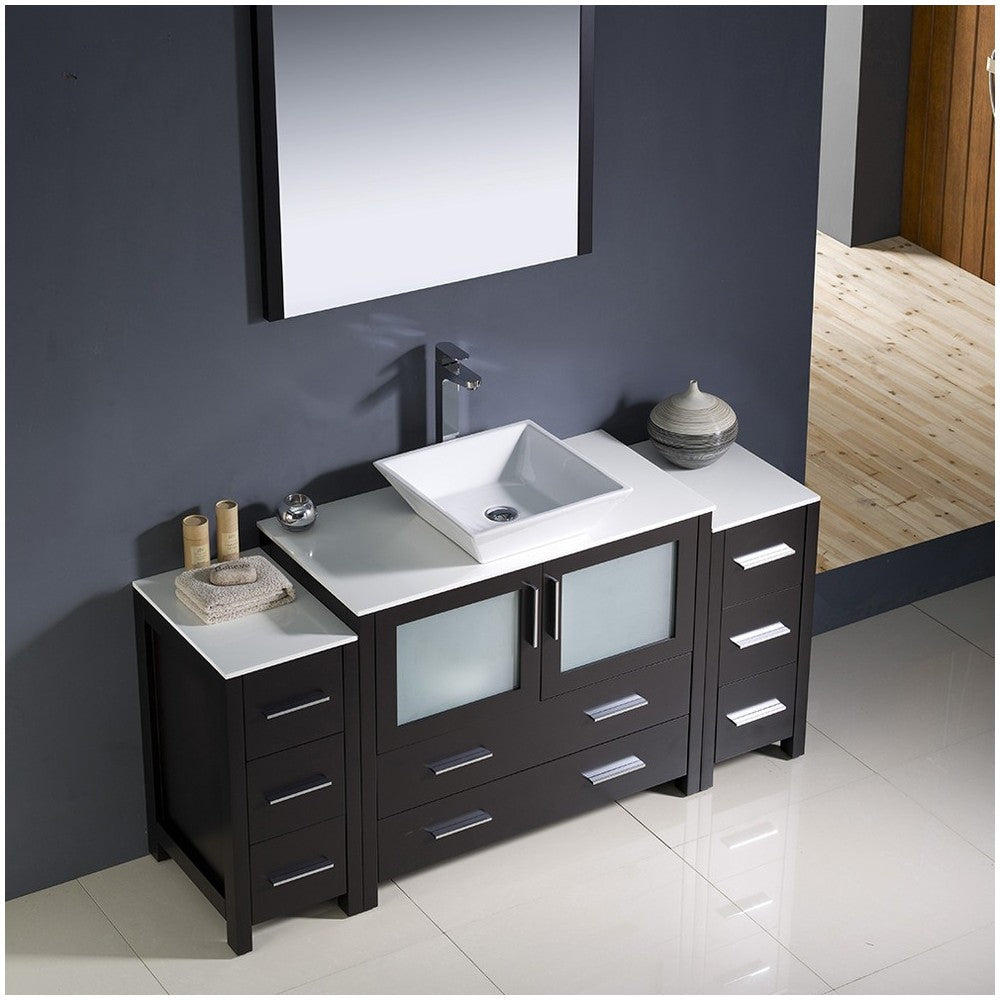 Torino 60" Espresso Modern Bathroom Vanity w/ 2 Side Cabinets & Vessel Sink