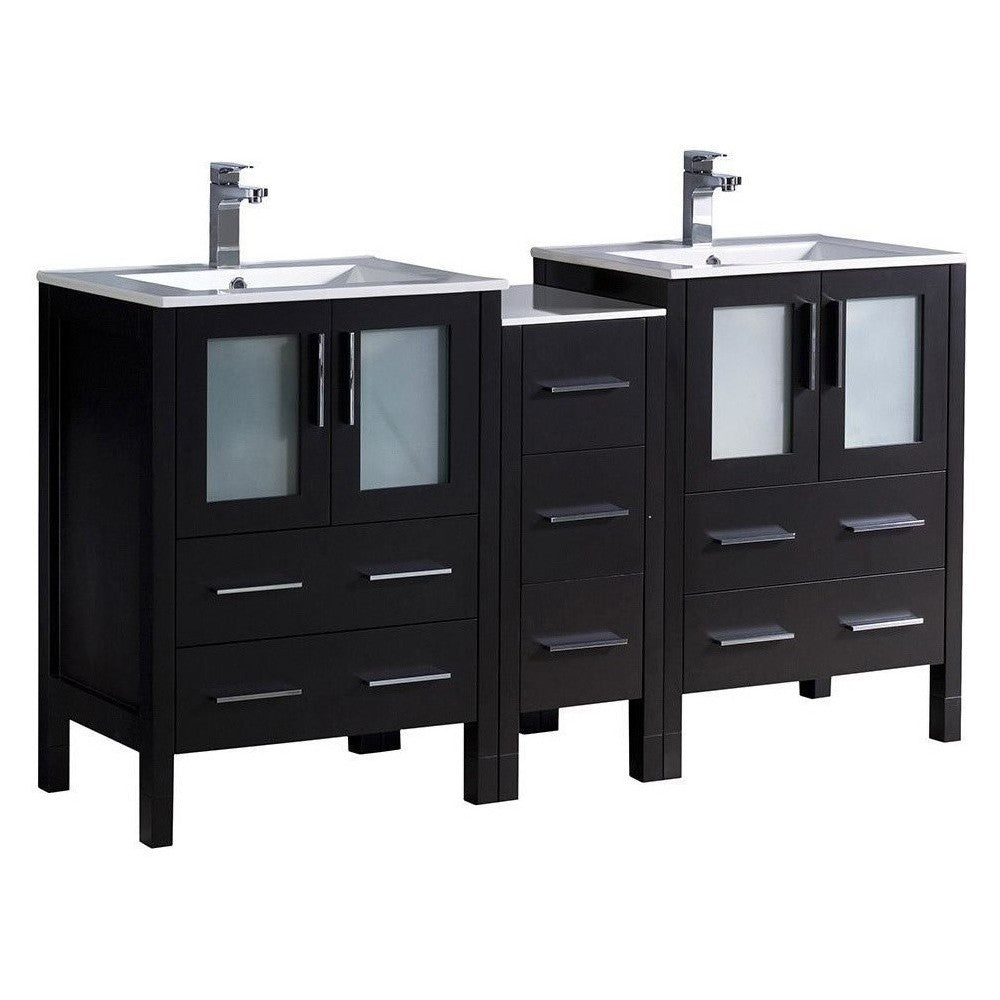 Torino 60" Espresso Modern Double Sink Bathroom Cabinets w/ Integrated Sinks