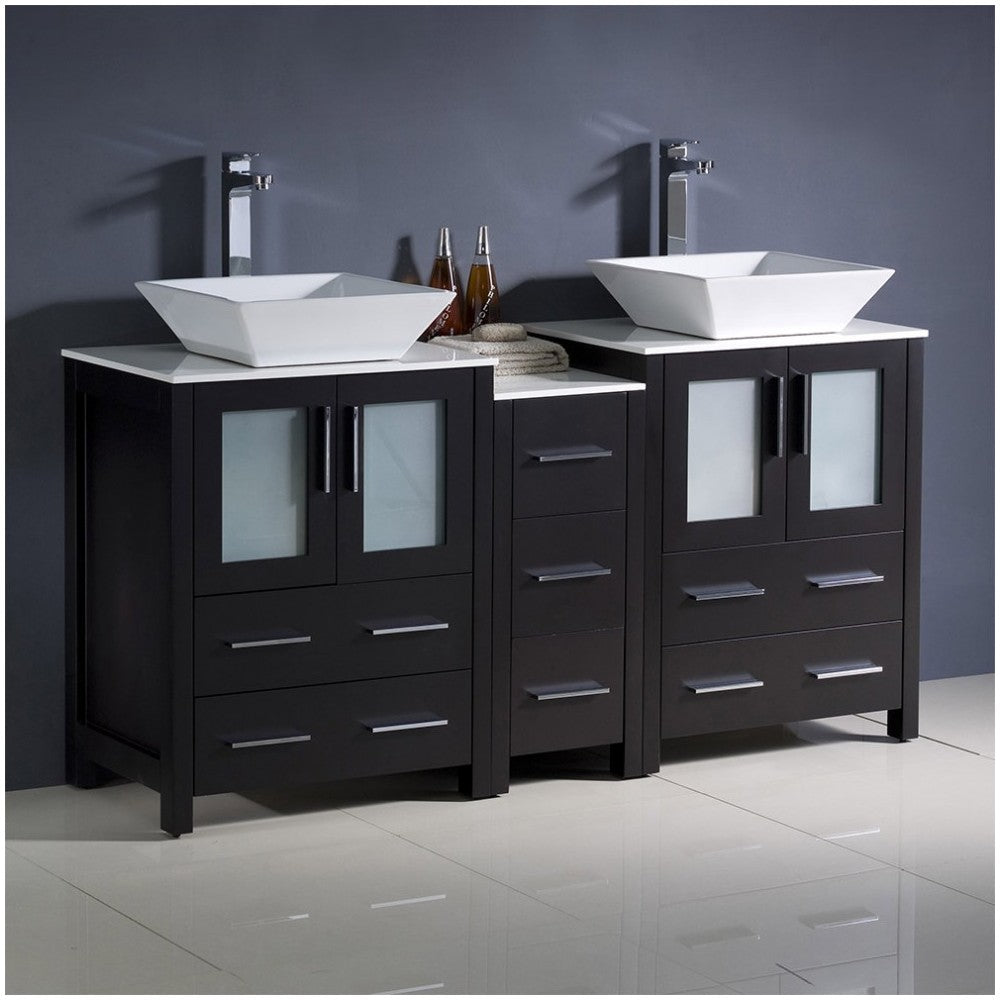 Torino 60" Espresso Modern Double Sink Bathroom Cabinets w/ Tops & Vessel Sinks