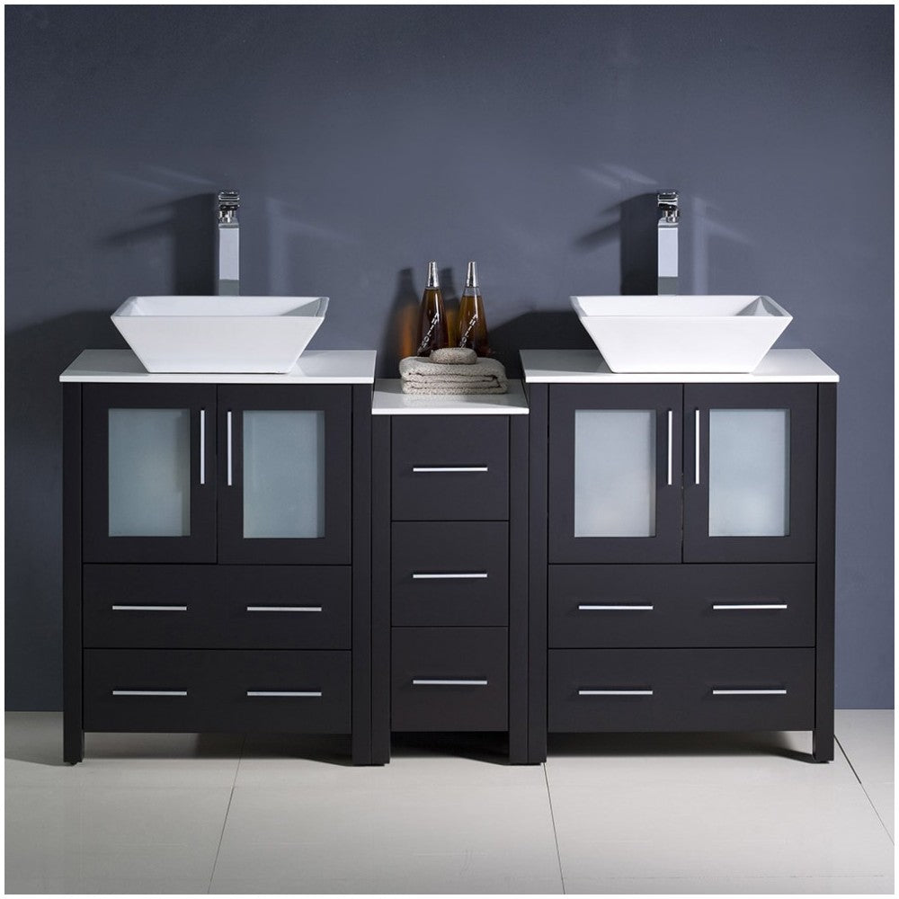 Torino 60" Espresso Modern Double Sink Bathroom Cabinets w/ Tops & Vessel Sinks