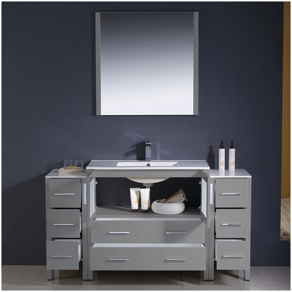 Torino 60" Gray Modern Bathroom Vanity w/ 2 Side Cabinets & Integrated Sink