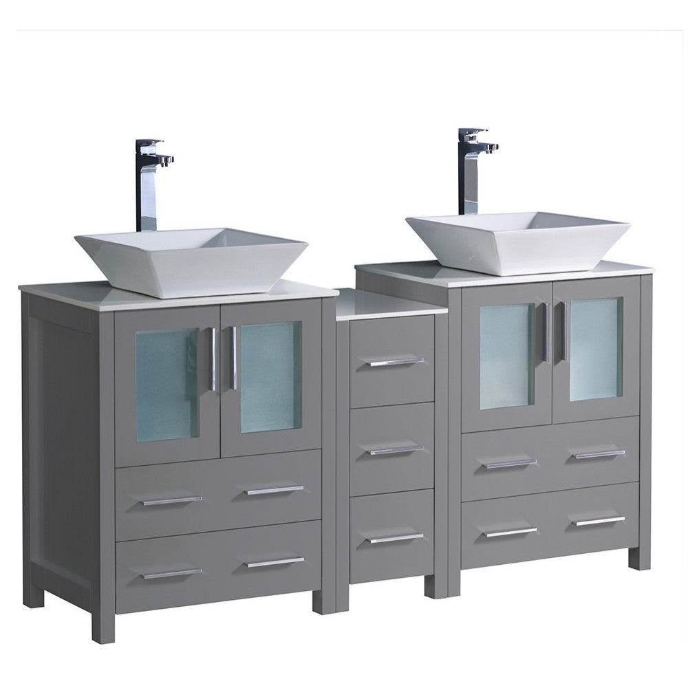 Torino 60" Gray Modern Double Sink Bathroom Cabinets w/ Tops & Vessel Sinks