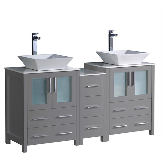 Torino 60" Gray Modern Double Sink Bathroom Cabinets w/ Tops & Vessel Sinks