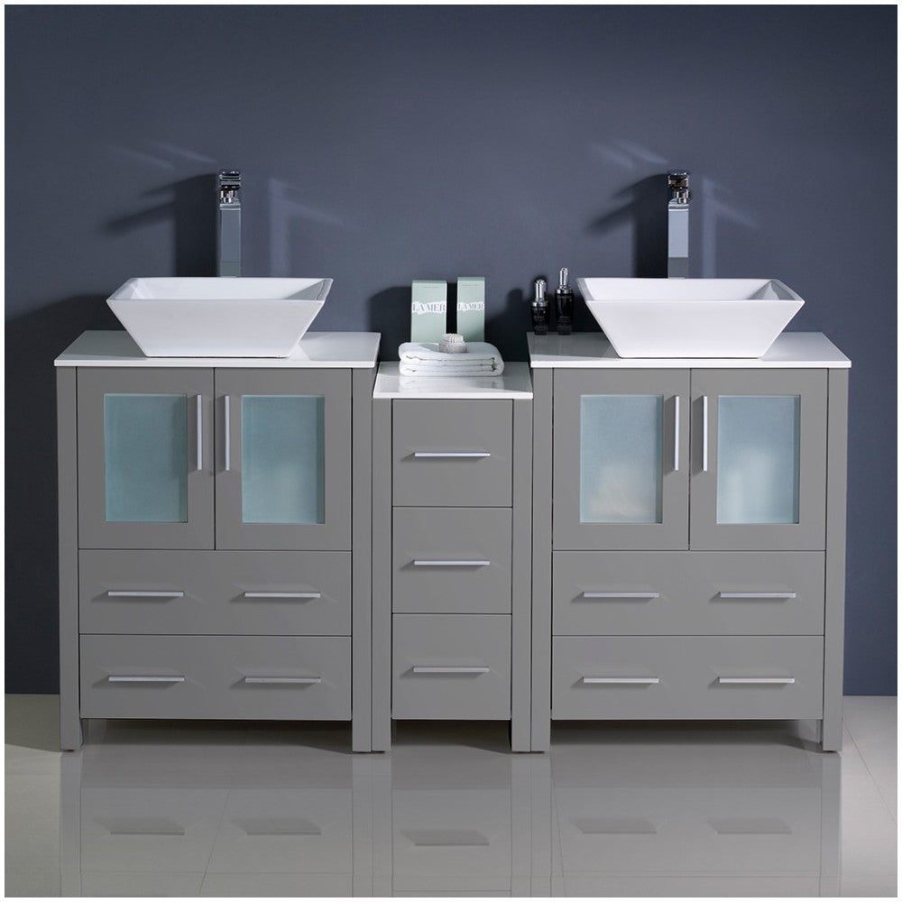 Torino 60" Gray Modern Double Sink Bathroom Cabinets w/ Tops & Vessel Sinks
