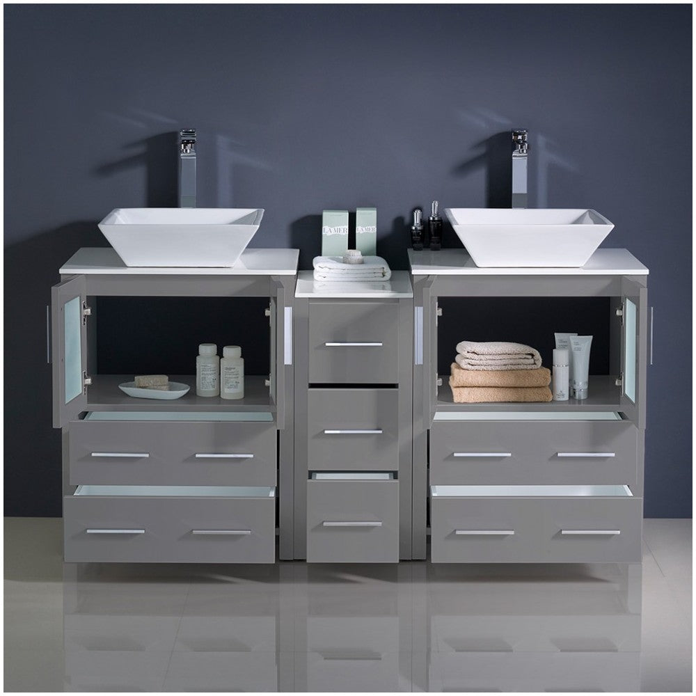 Torino 60" Gray Modern Double Sink Bathroom Cabinets w/ Tops & Vessel Sinks