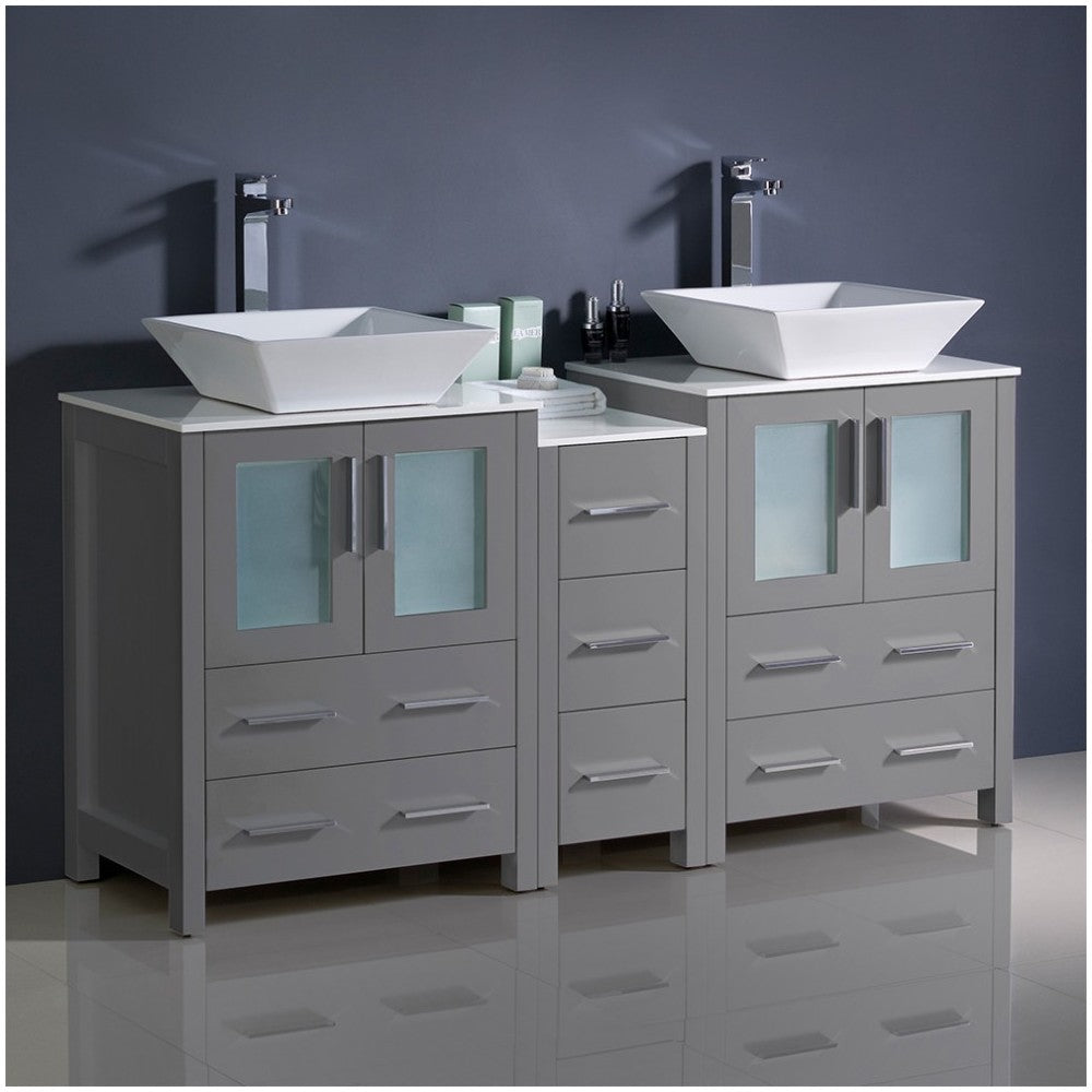 Torino 60" Gray Modern Double Sink Bathroom Cabinets w/ Tops & Vessel Sinks