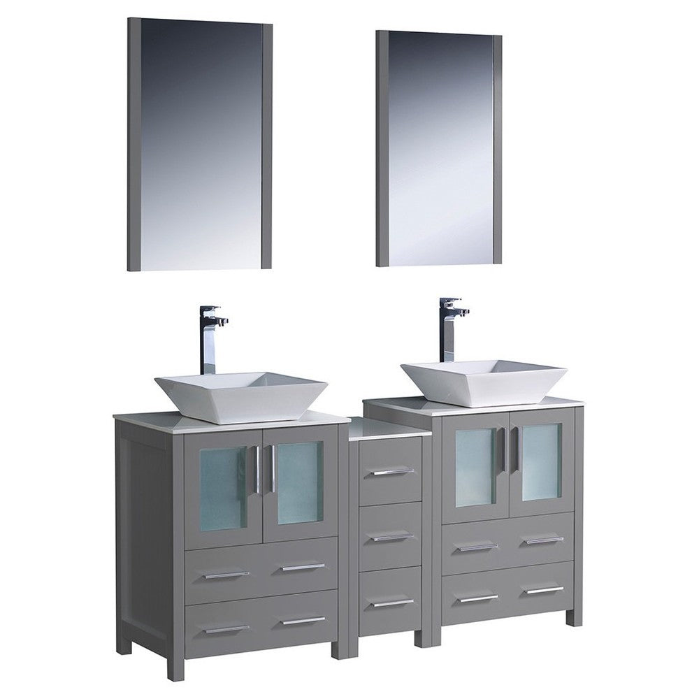 Torino 60 Gray Modern Double Sink Bathroom Vanity w/ Side Cabinet & Vessel Sinks