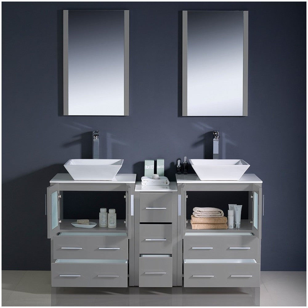 Torino 60 Gray Modern Double Sink Bathroom Vanity w/ Side Cabinet & Vessel Sinks