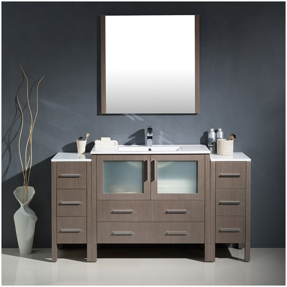 Torino 60" Gray Oak Modern Bathroom Vanity w/ 2 Side Cabinets & Integrated Sink