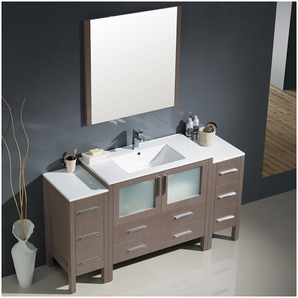 Torino 60" Gray Oak Modern Bathroom Vanity w/ 2 Side Cabinets & Integrated Sink