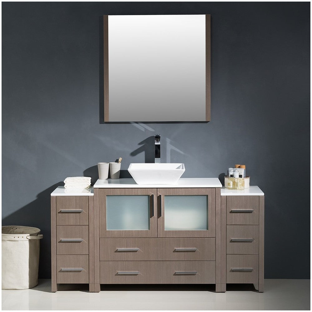 Torino 60" Gray Oak Modern Bathroom Vanity w/ 2 Side Cabinets & Vessel Sink