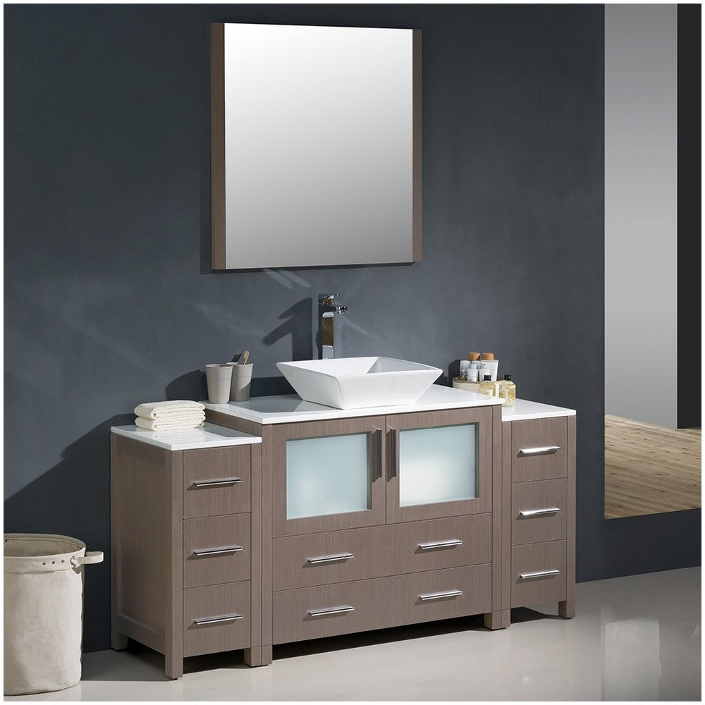 Torino 60" Gray Oak Modern Bathroom Vanity w/ 2 Side Cabinets & Vessel Sink