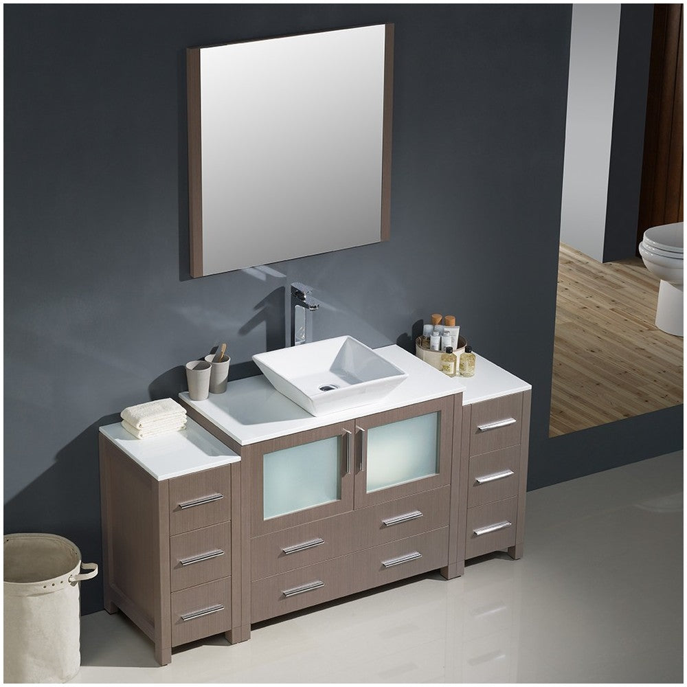 Torino 60" Gray Oak Modern Bathroom Vanity w/ 2 Side Cabinets & Vessel Sink