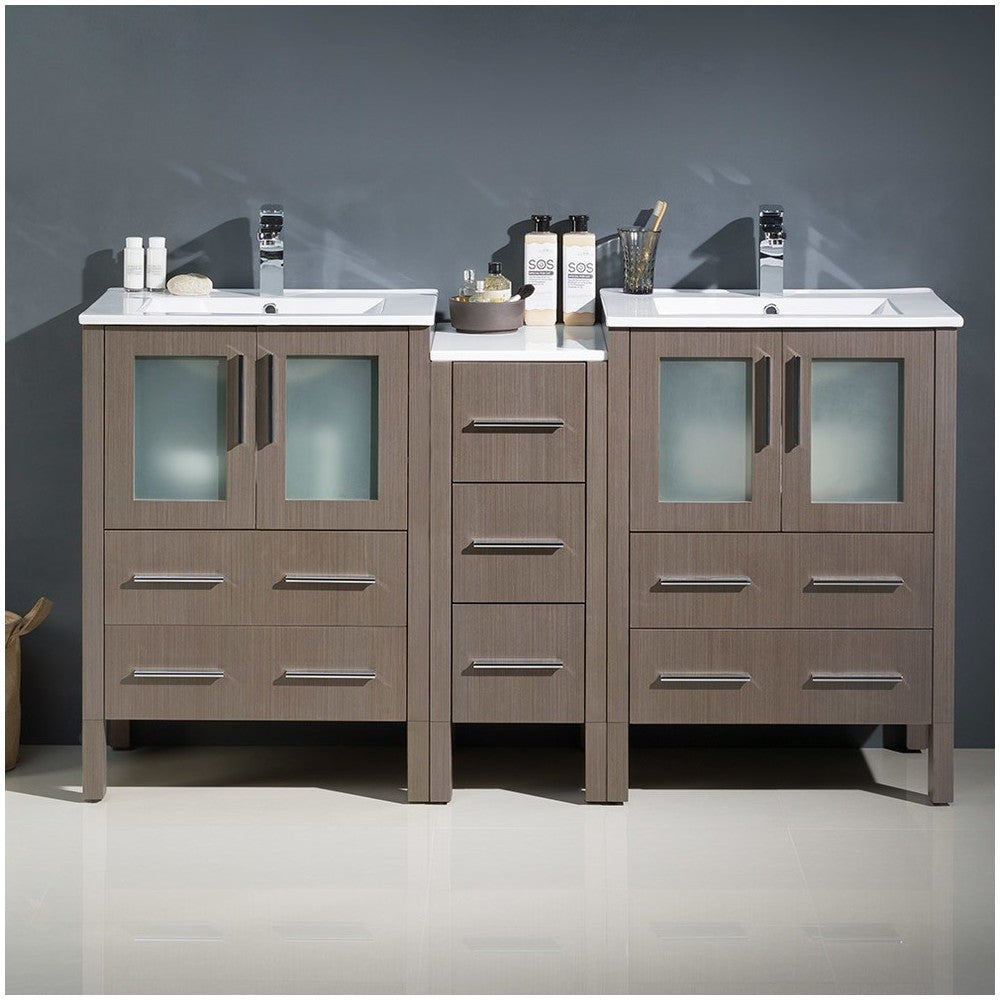 Torino 60" Gray Oak Modern Double Sink Bathroom Cabinets w/ Integrated Sinks