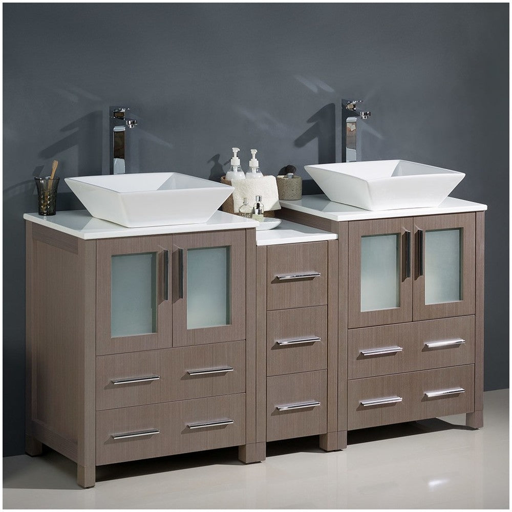 Torino 60" Gray Oak Modern Double Sink Bathroom Cabinets w/ Tops & Vessel Sinks