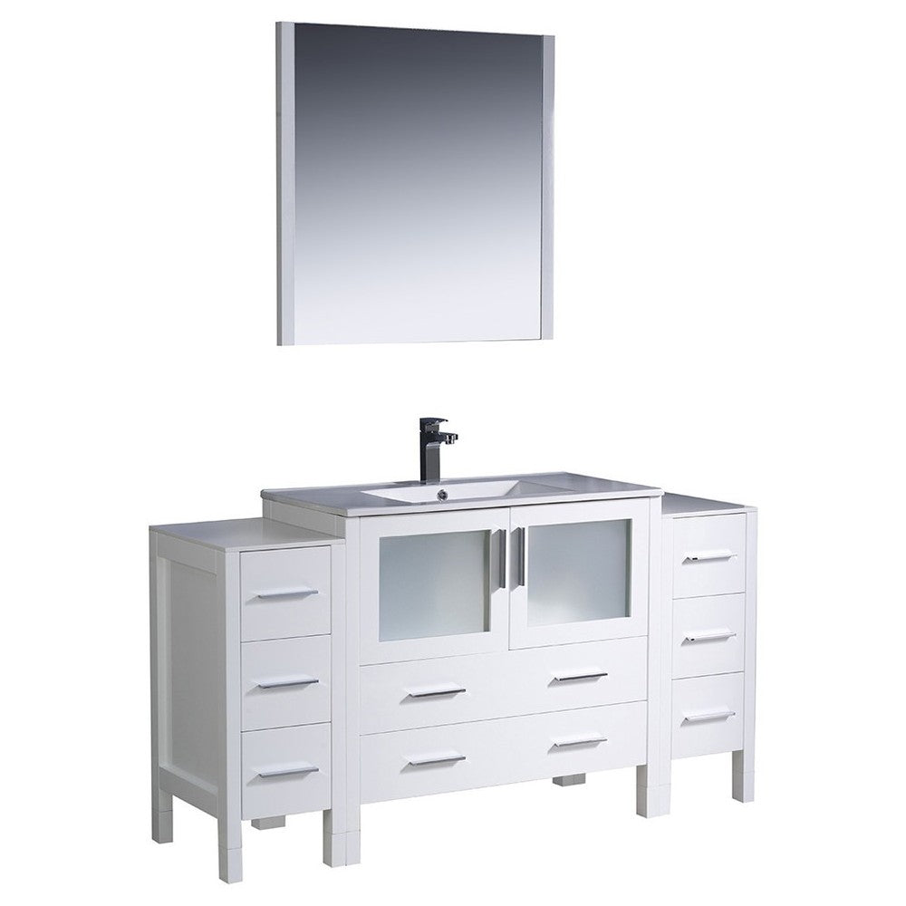 Torino 60" White Modern Bathroom Vanity w/ 2 Side Cabinets & Integrated Sink