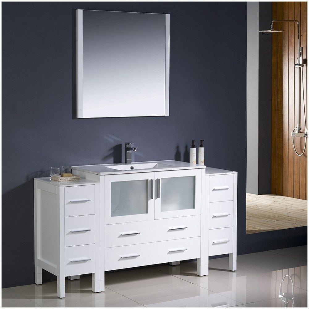 Torino 60" White Modern Bathroom Vanity w/ 2 Side Cabinets & Integrated Sink