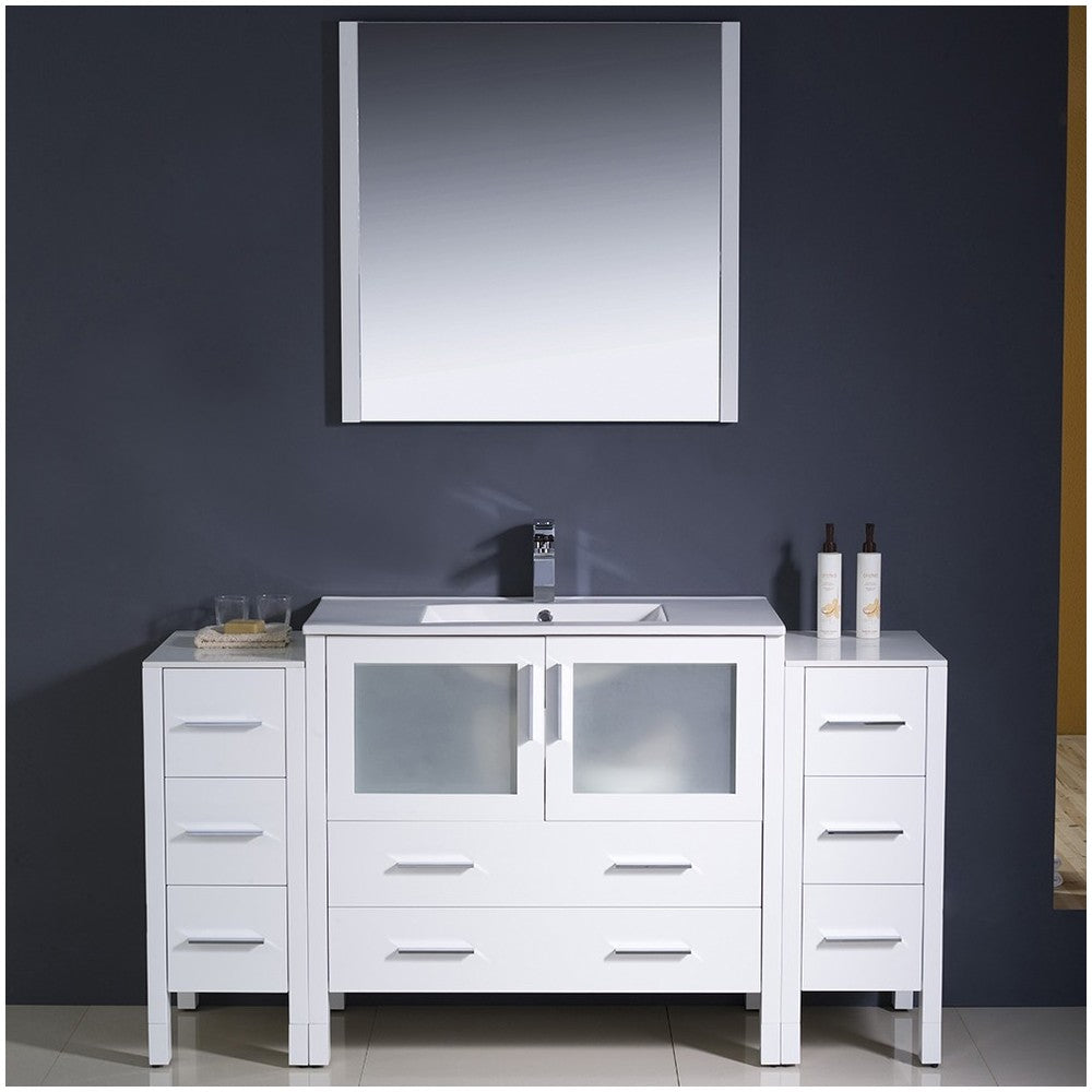 Torino 60" White Modern Bathroom Vanity w/ 2 Side Cabinets & Integrated Sink