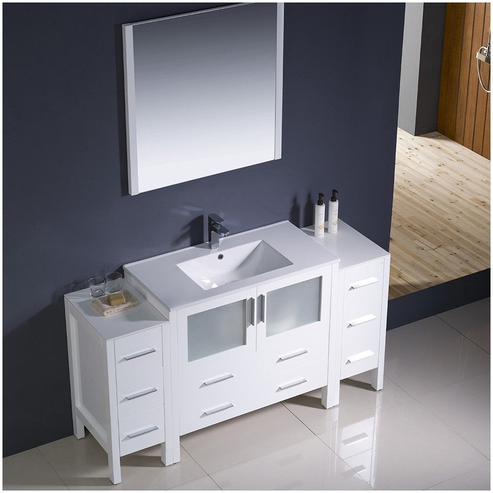 Torino 60" White Modern Bathroom Vanity w/ 2 Side Cabinets & Integrated Sink